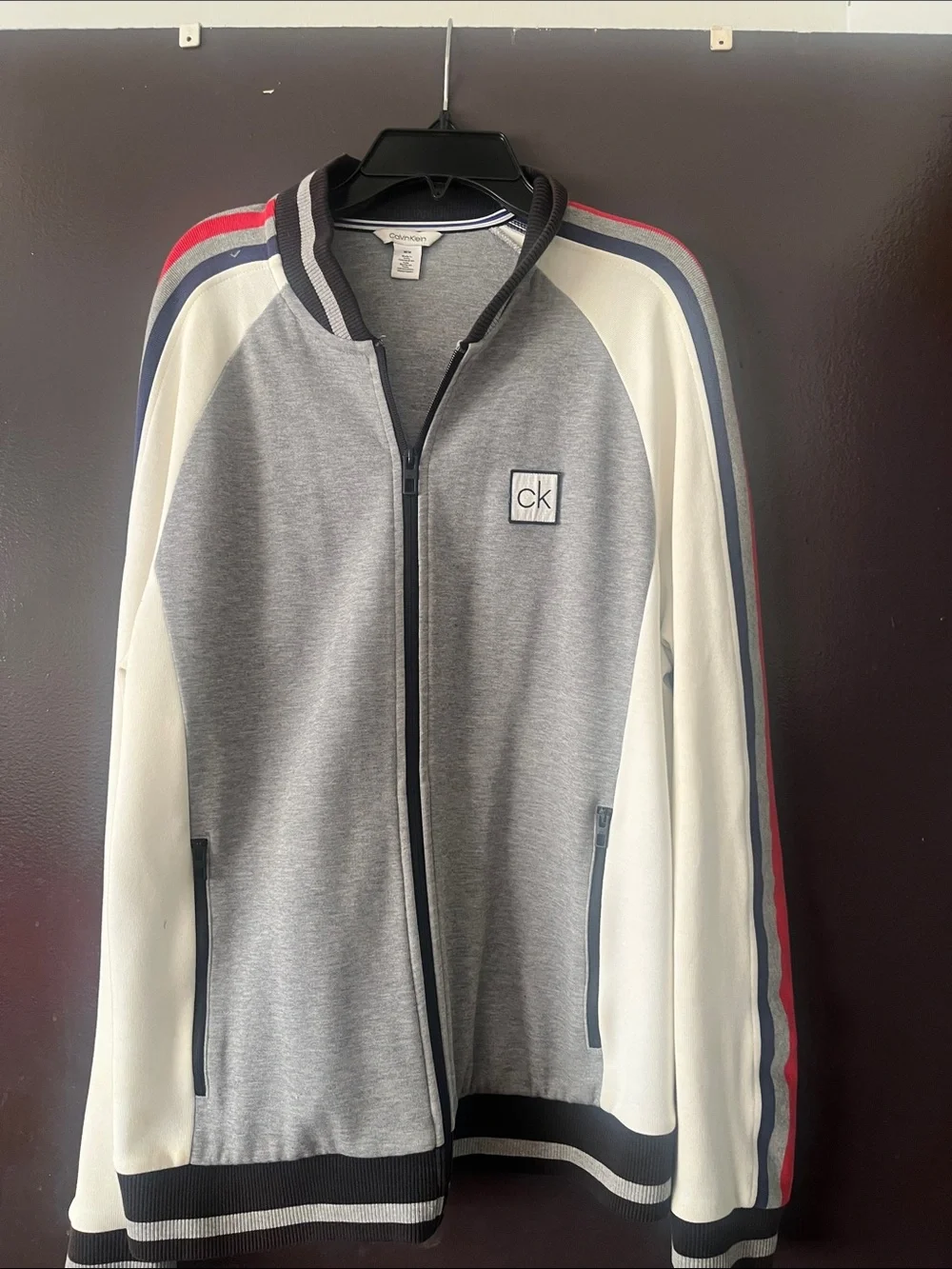 Calvin Klein Gray, White & Navy Zip-Up Sweater with Red Stripe